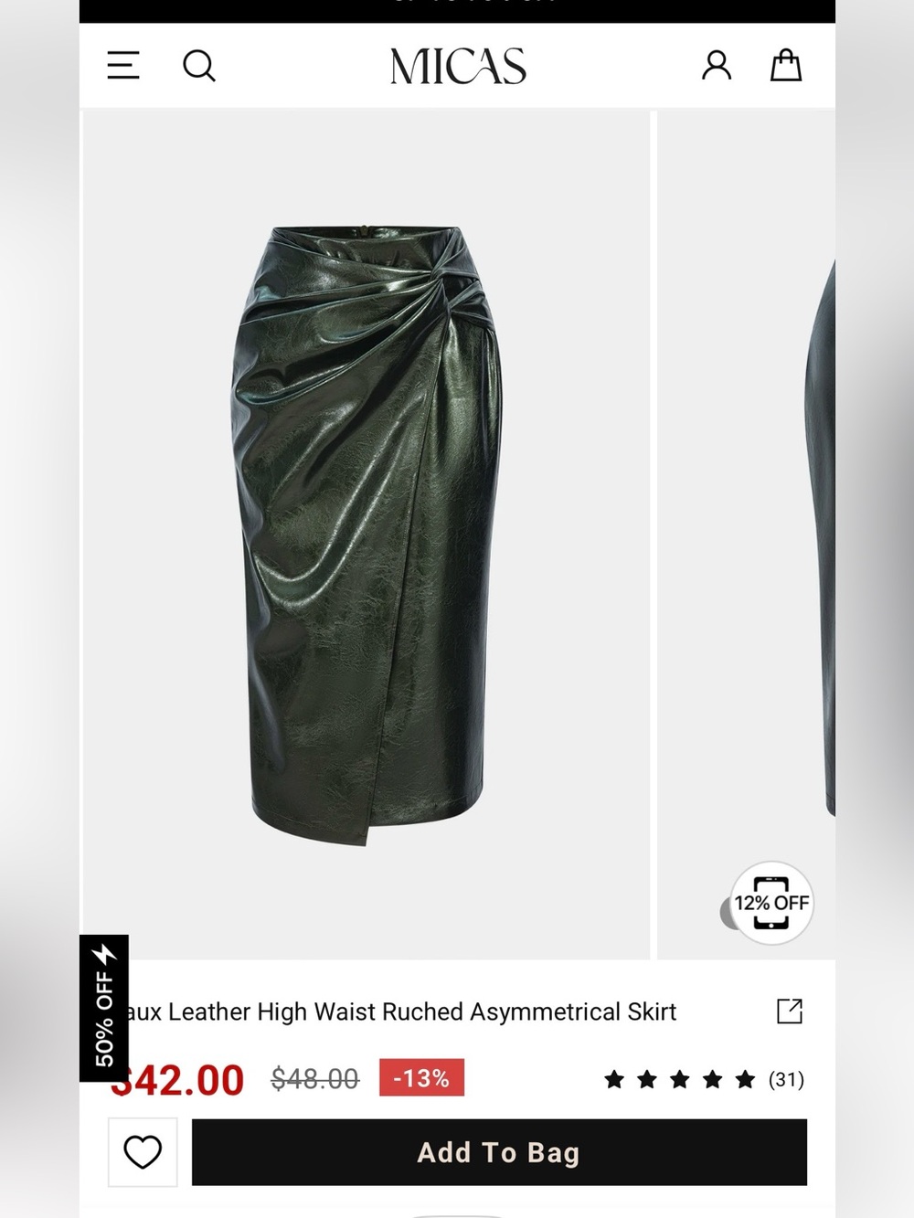 MICAS Dark Green Faux Leather High-Waist Ruched Asymmetrical Skirt